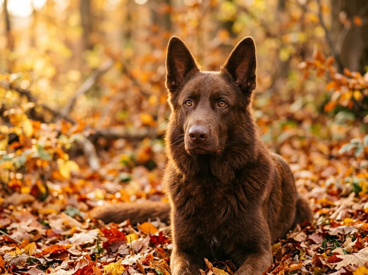 a liver German Shepherd sitting in autumn leaves, warm chocolate-brown coat with a matching brown nose and light hazel eyes, golden natural light, hea
