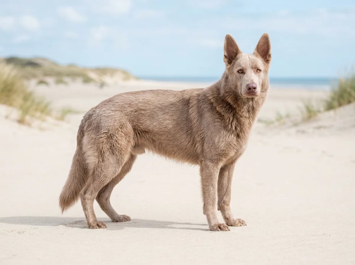 an isabella (lilac) German Shepherd standing on pale sand, a soft dusty fawn-lilac coat with a matching light liver nose and pale eyes, bright even da