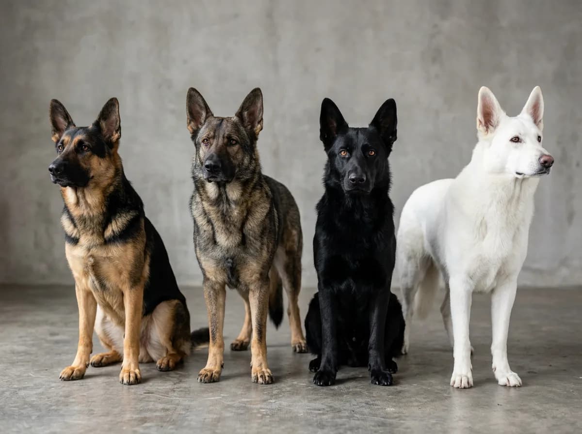 German Shepherd dogs of varied coat colors illustrating Which German Shepherd Color Is Rarest?