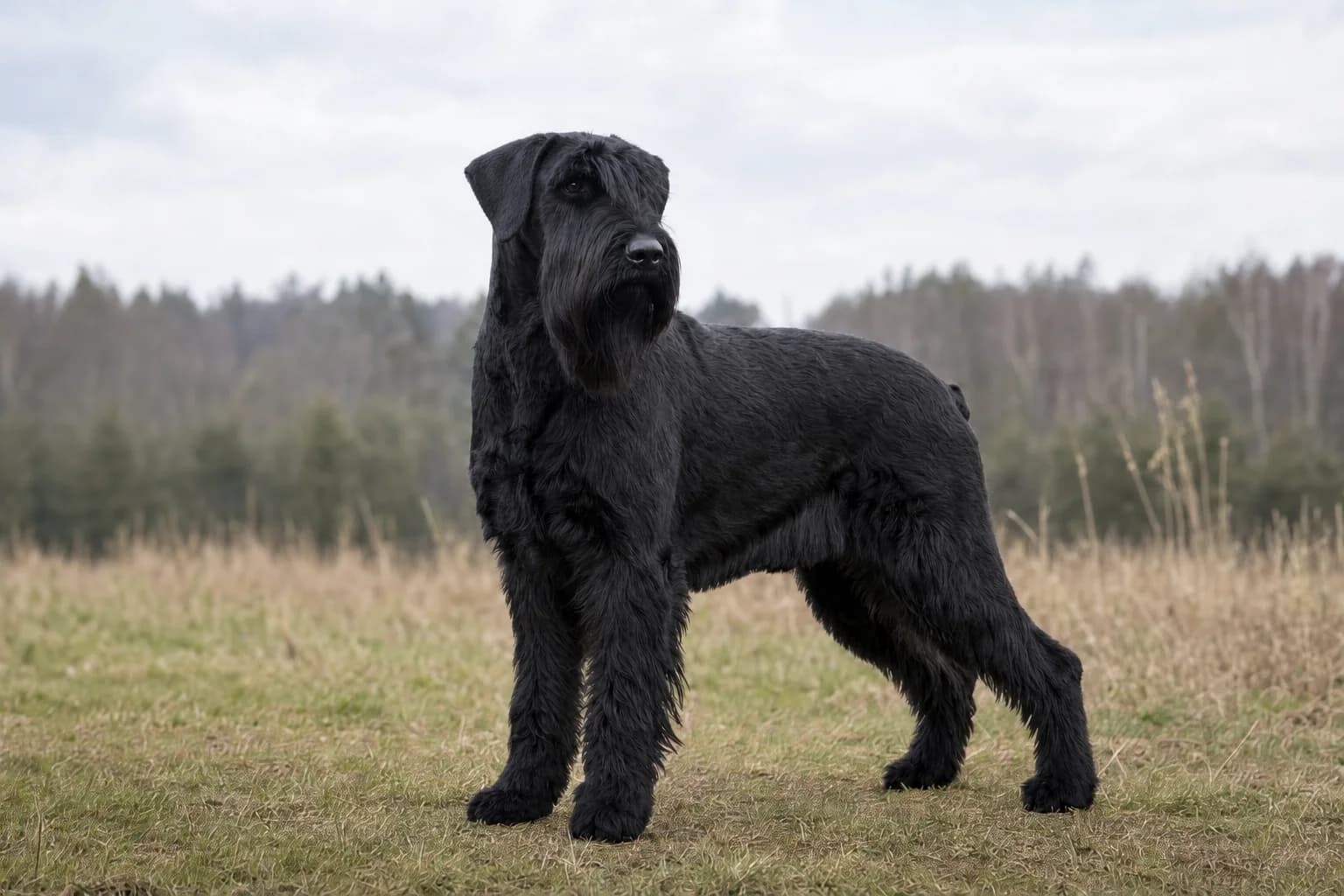 Healthy adult black Giant Schnauzer standing outdoors with natural ears and a square powerful frame
