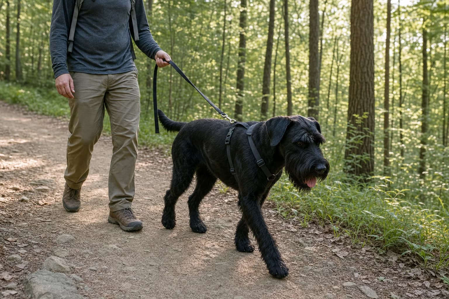 Athletic Giant Schnauzer hiking on a secure leash and well-fitted unbranded harness