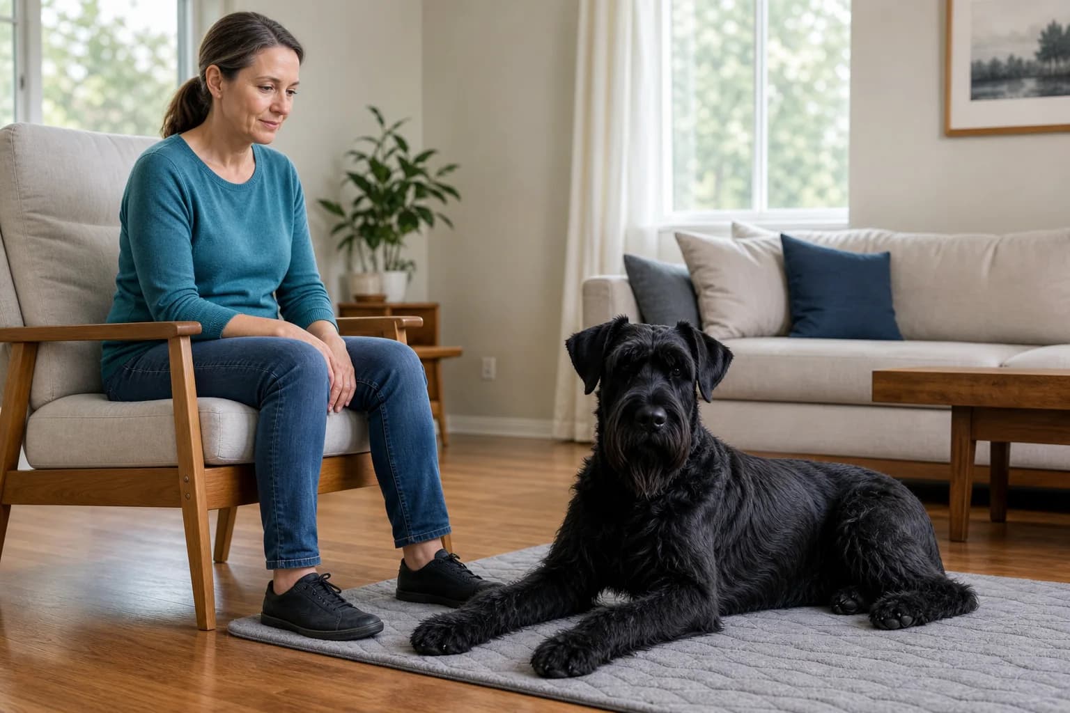 Relaxed Giant Schnauzer settling beside an adult handler in a calm home