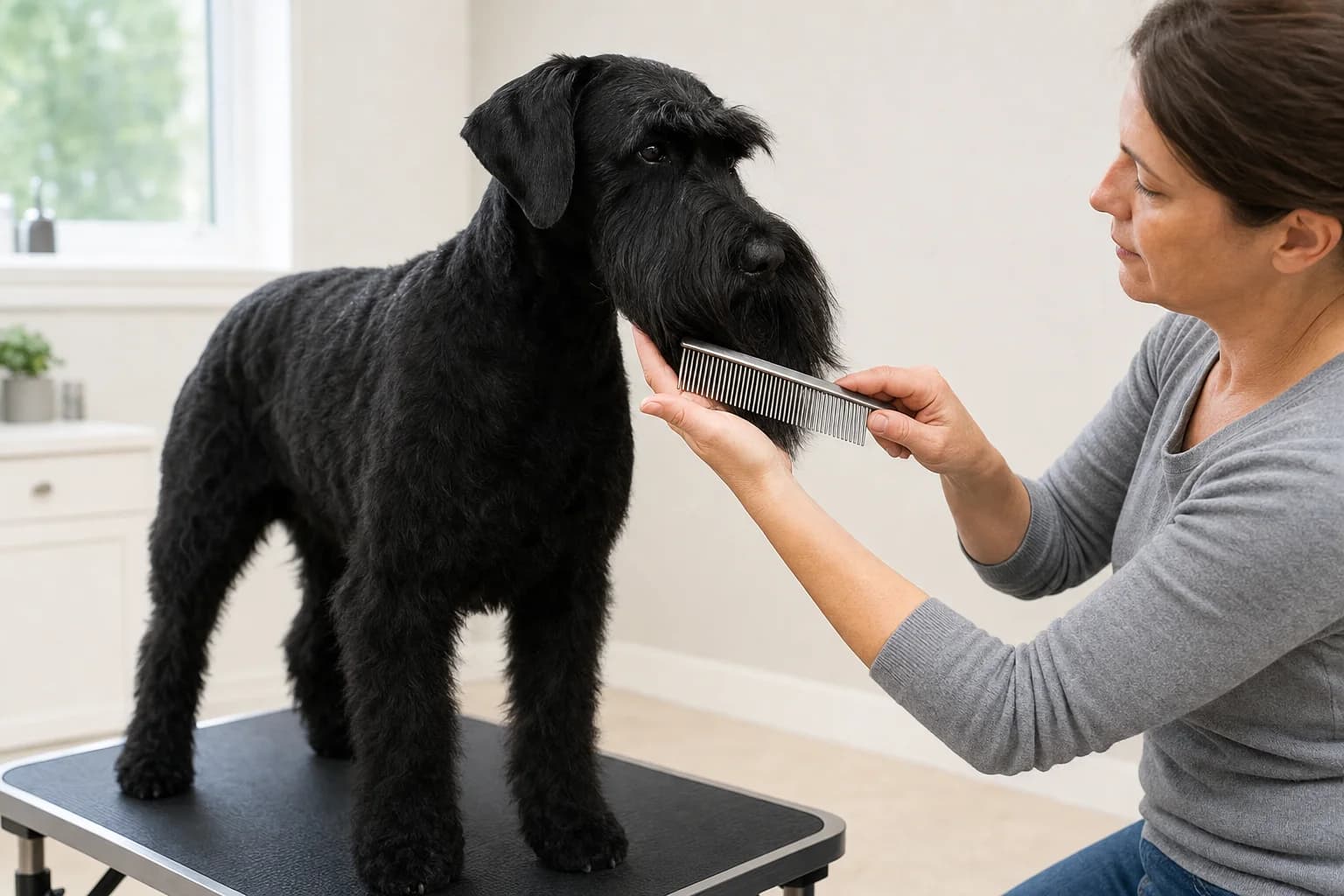 Owner carefully combing the beard of a calm Giant Schnauzer