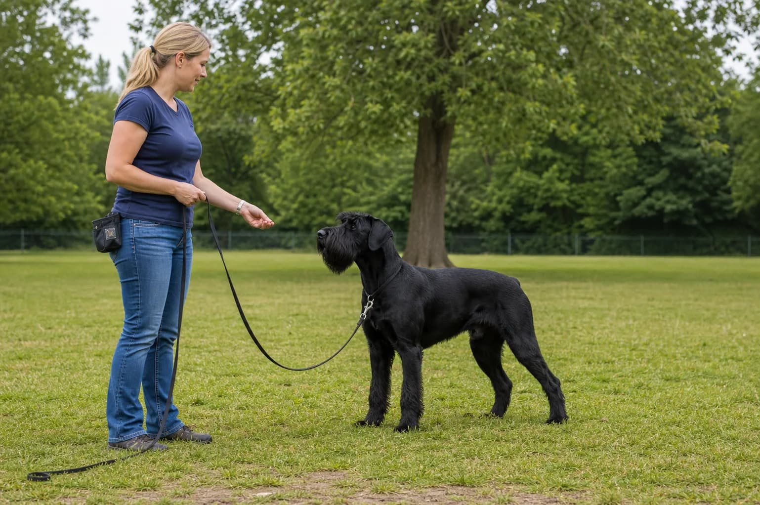 Adult Giant Schnauzer practicing a calm reward-based handler check-in on a long training line