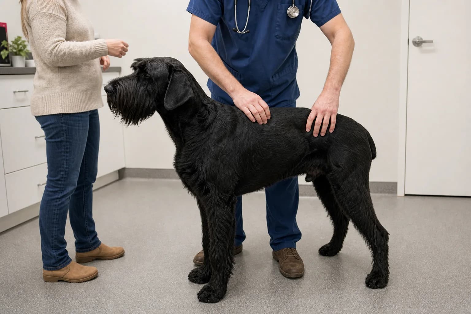 Veterinarian assessing body condition during a calm Giant Schnauzer preventive examination