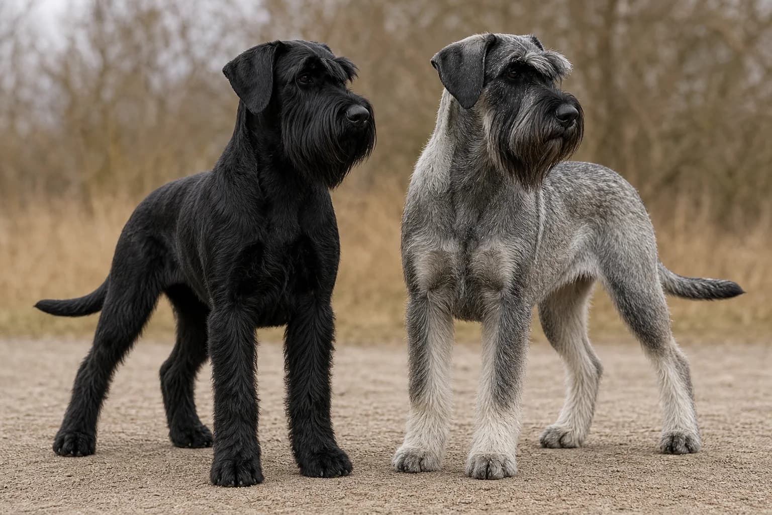 Adult black Giant Schnauzer in neutral daylight showing a dense wiry coat