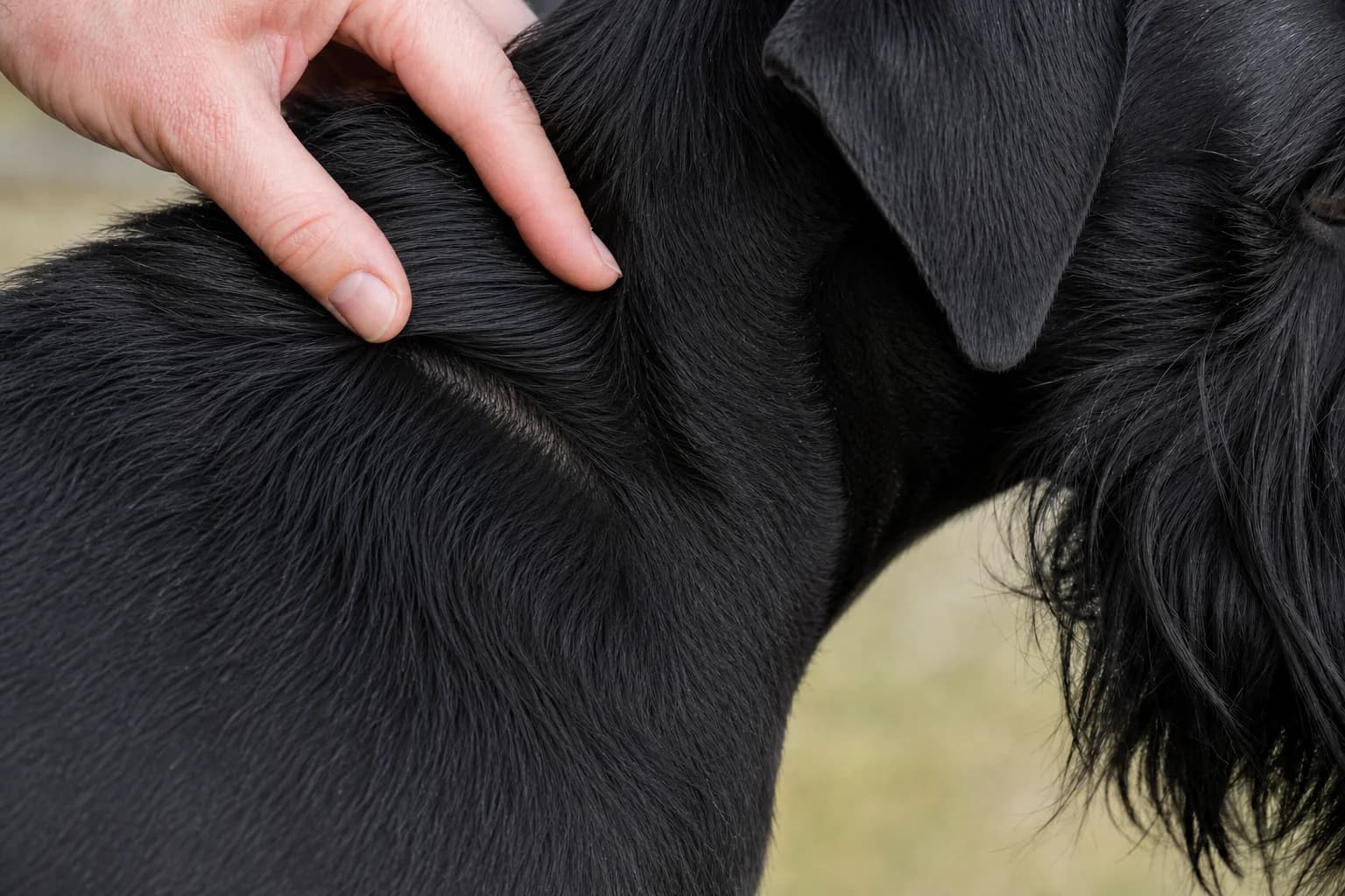 Macro detail of healthy black Giant Schnauzer wiry jacket and softer undercoat
