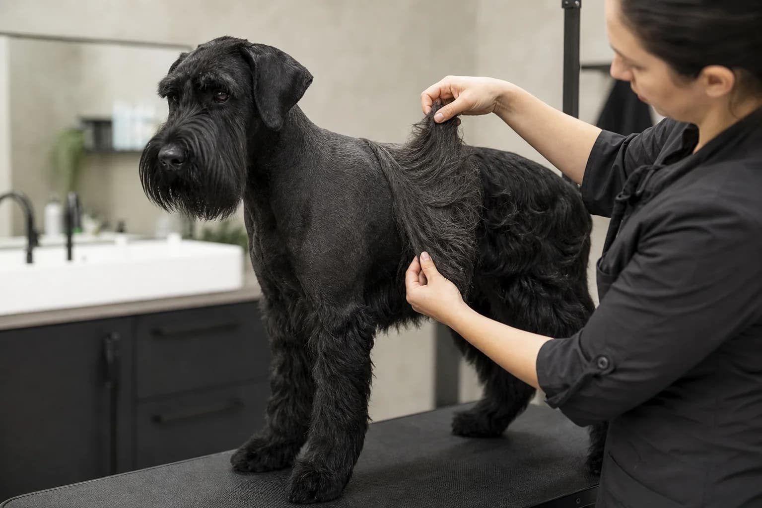 Groomer comparing clipped and longer sections of a Giant Schnauzer coat in neutral salon light