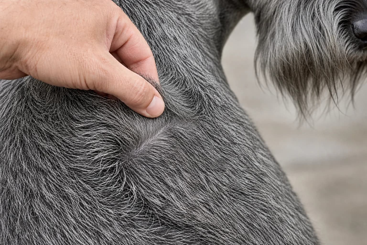 Macro detail of banded pepper-and-salt Giant Schnauzer guard hairs