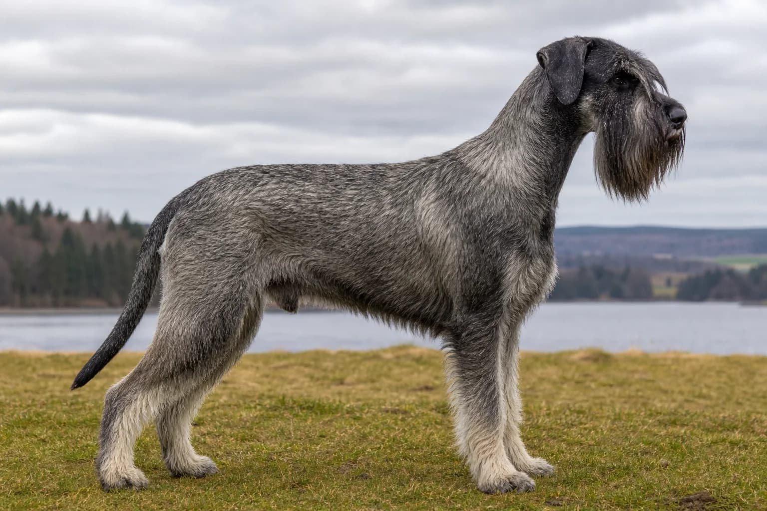 Adult pepper-and-salt Giant Schnauzer in neutral daylight showing even banded coat