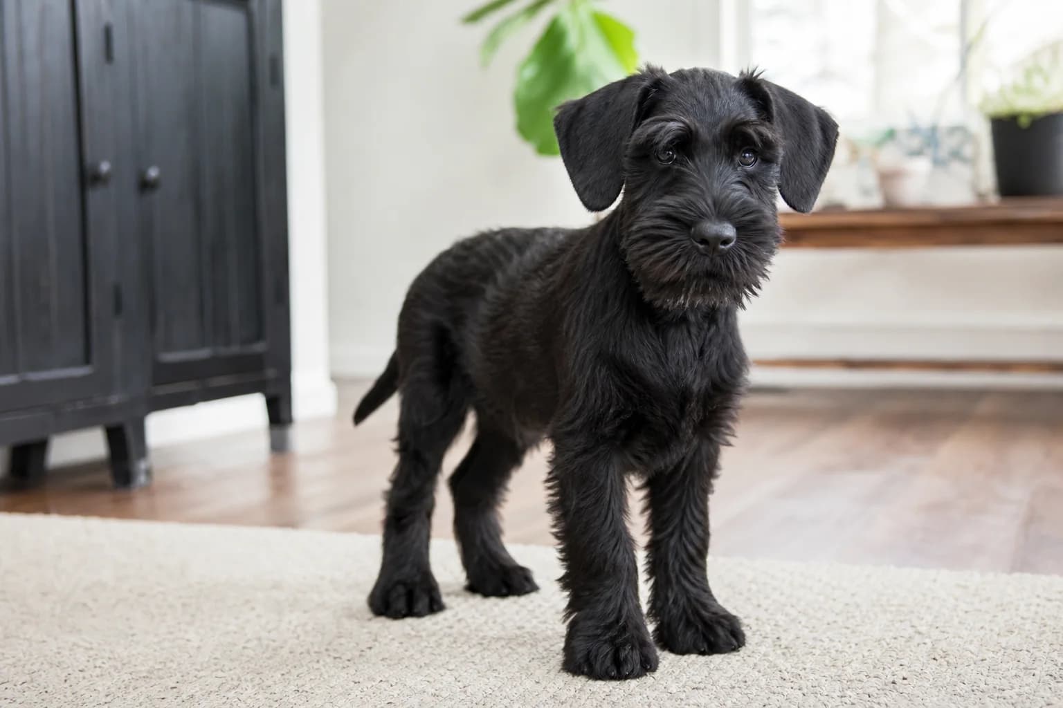 Breed-typical black Giant Schnauzer puppy standing safely in a home