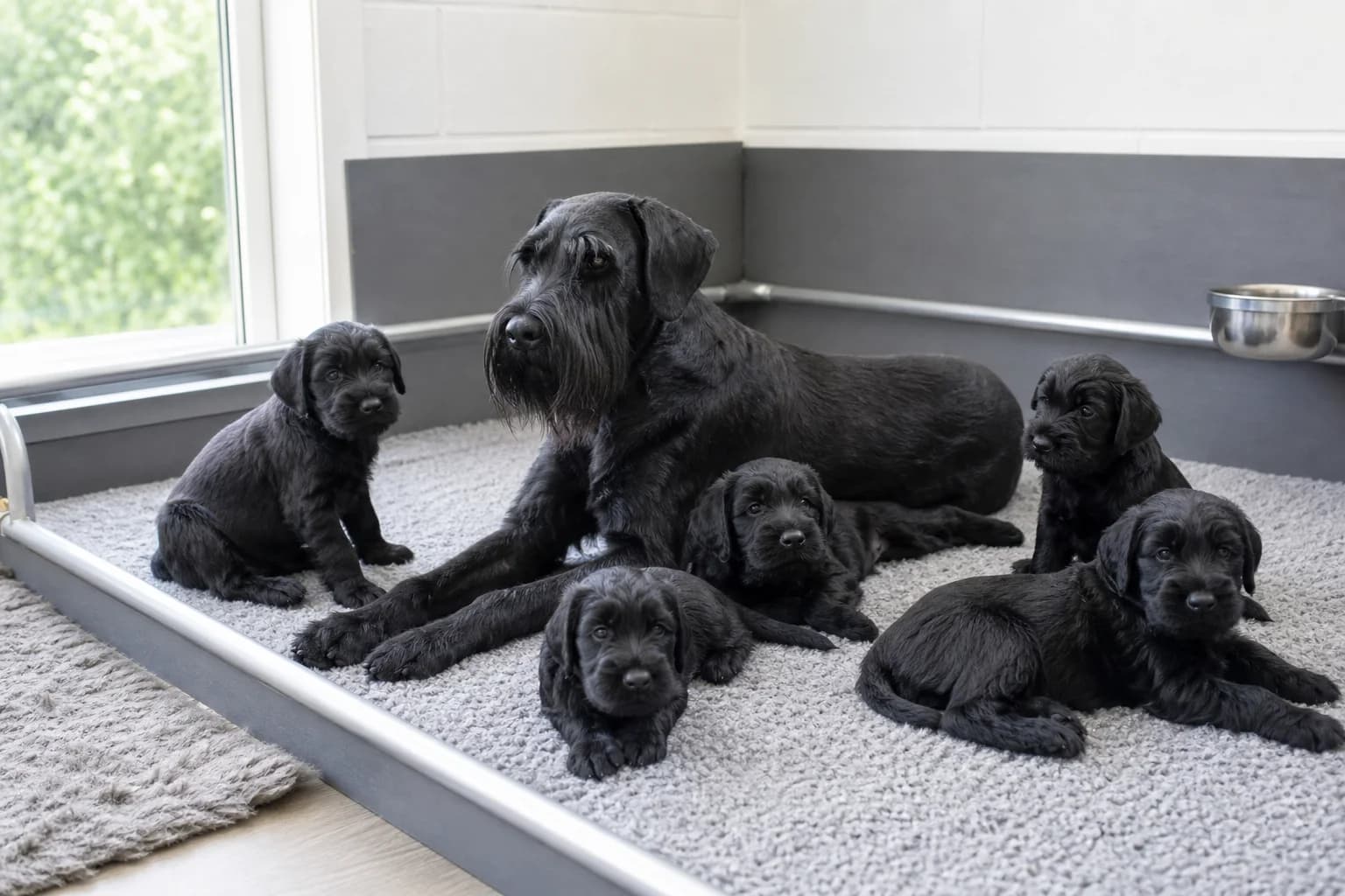Calm Giant Schnauzer litter resting in a clean area with the adult dam present