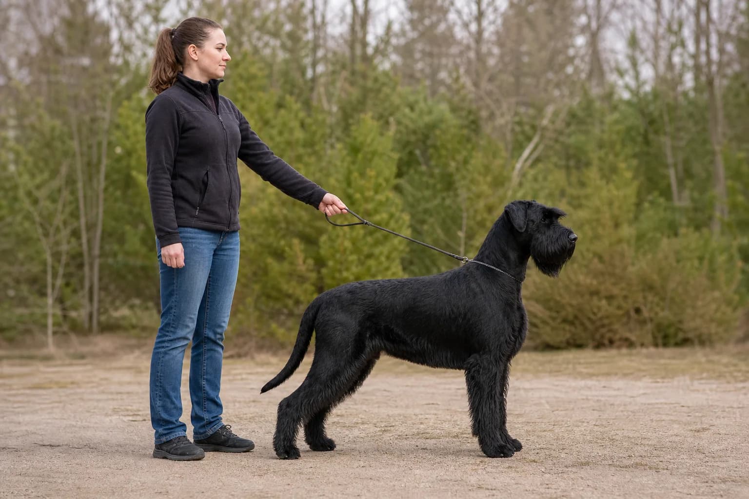Full-body adult black Giant Schnauzer standing square with all feet visible