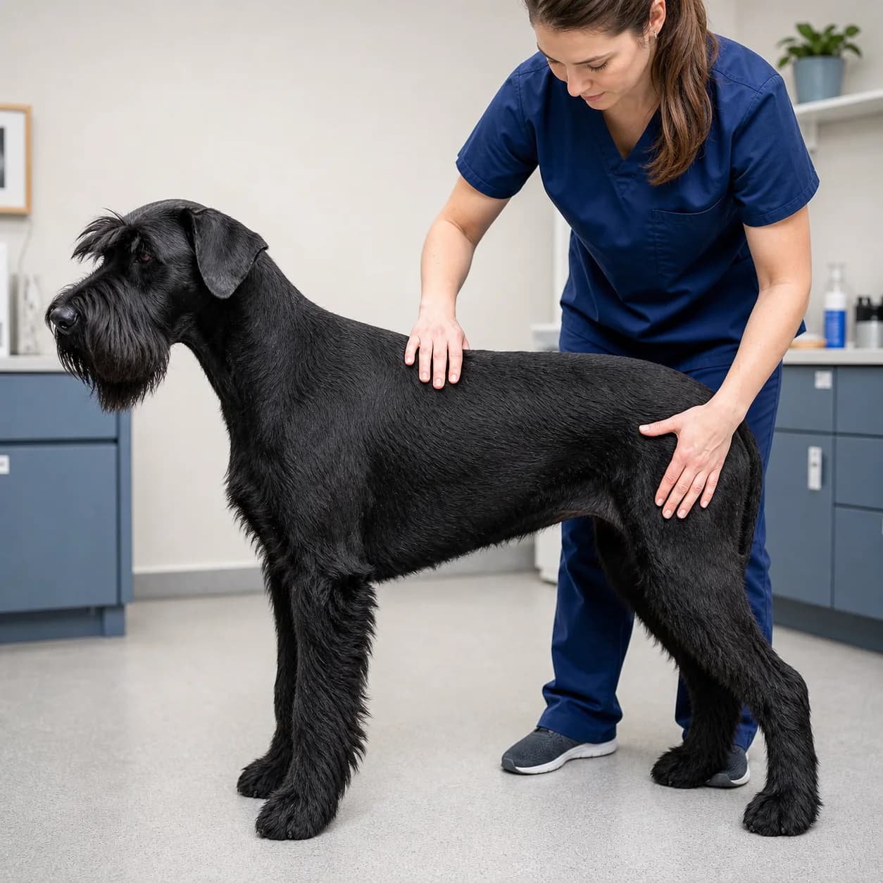Veterinarian assessing Giant Schnauzer ribs waist and muscle condition