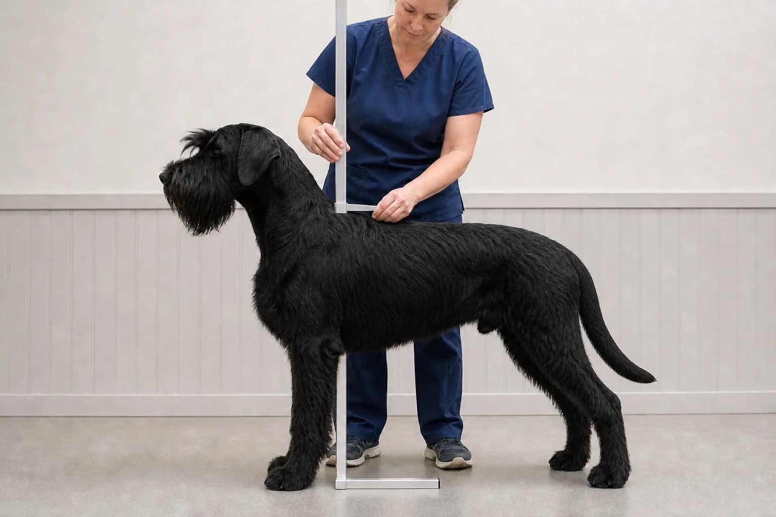 Calm Giant Schnauzer having height measured correctly at the withers on level ground