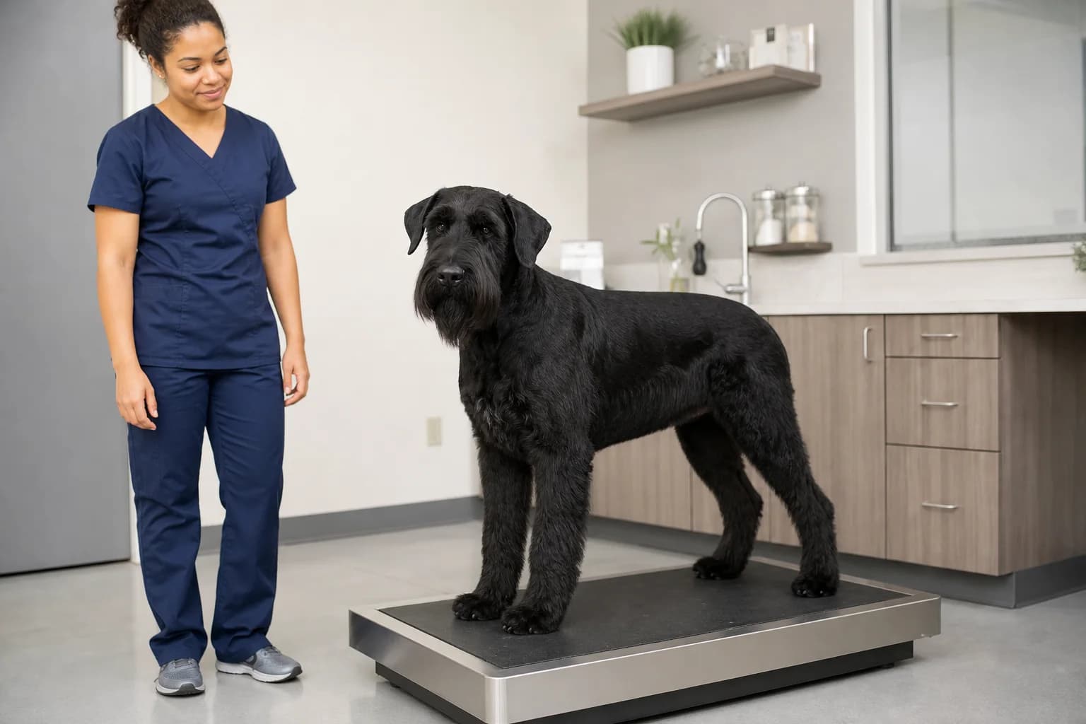 Giant Schnauzer puppy standing safely on a veterinary platform scale