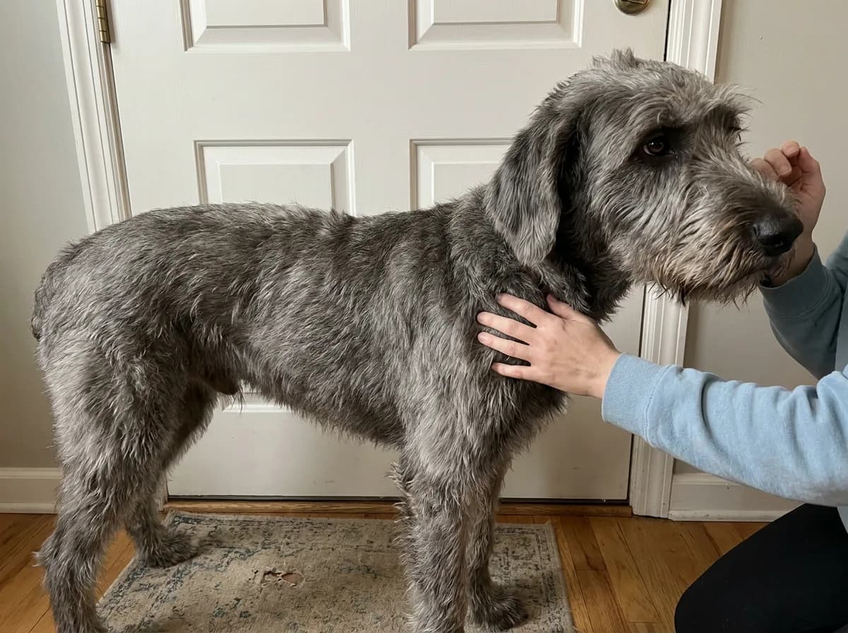 Large gray dog standing by a door while a person supports its neck and chest.
