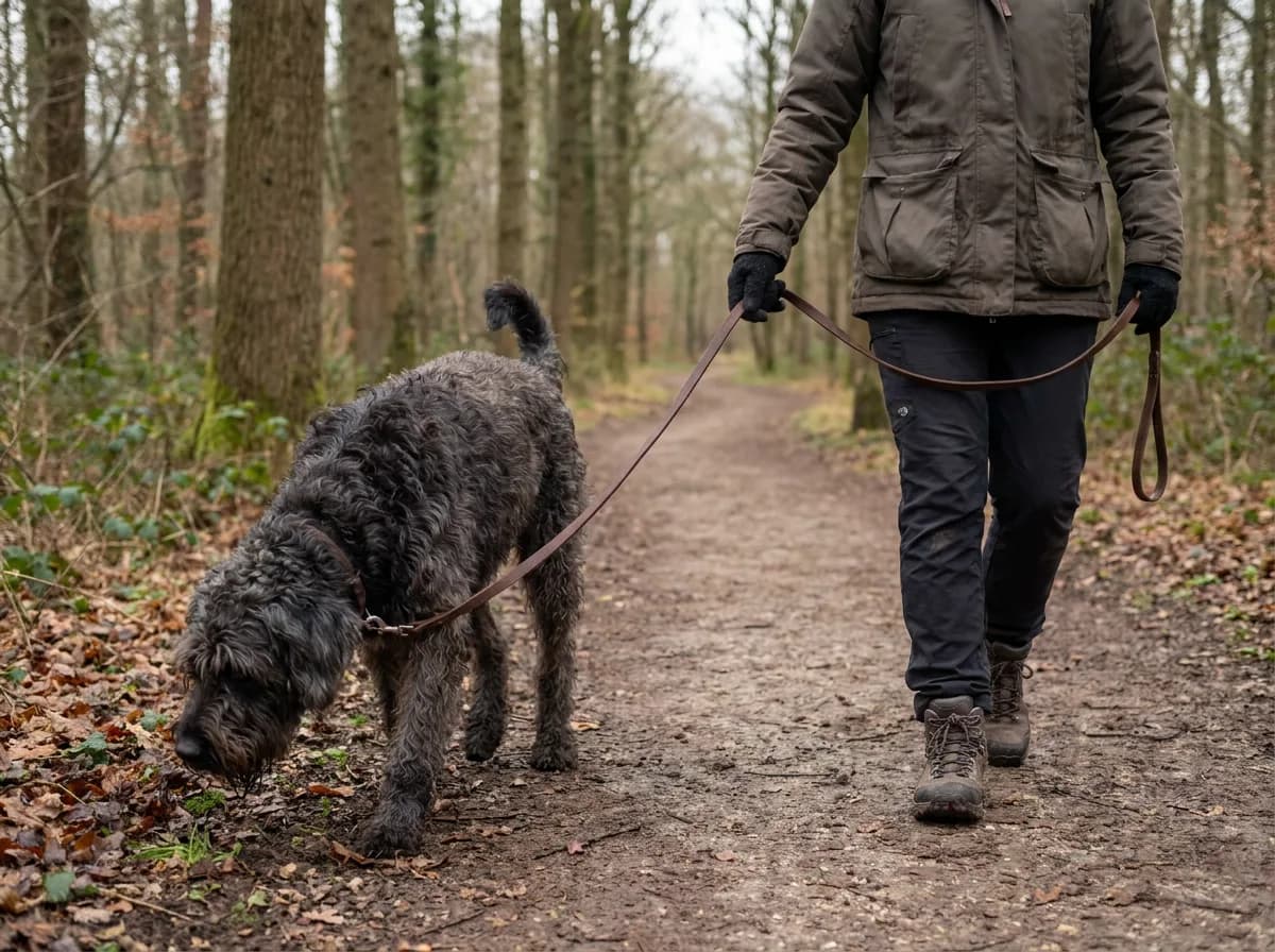 Large black dog sniffing beside a woodland path during a leashed walk.