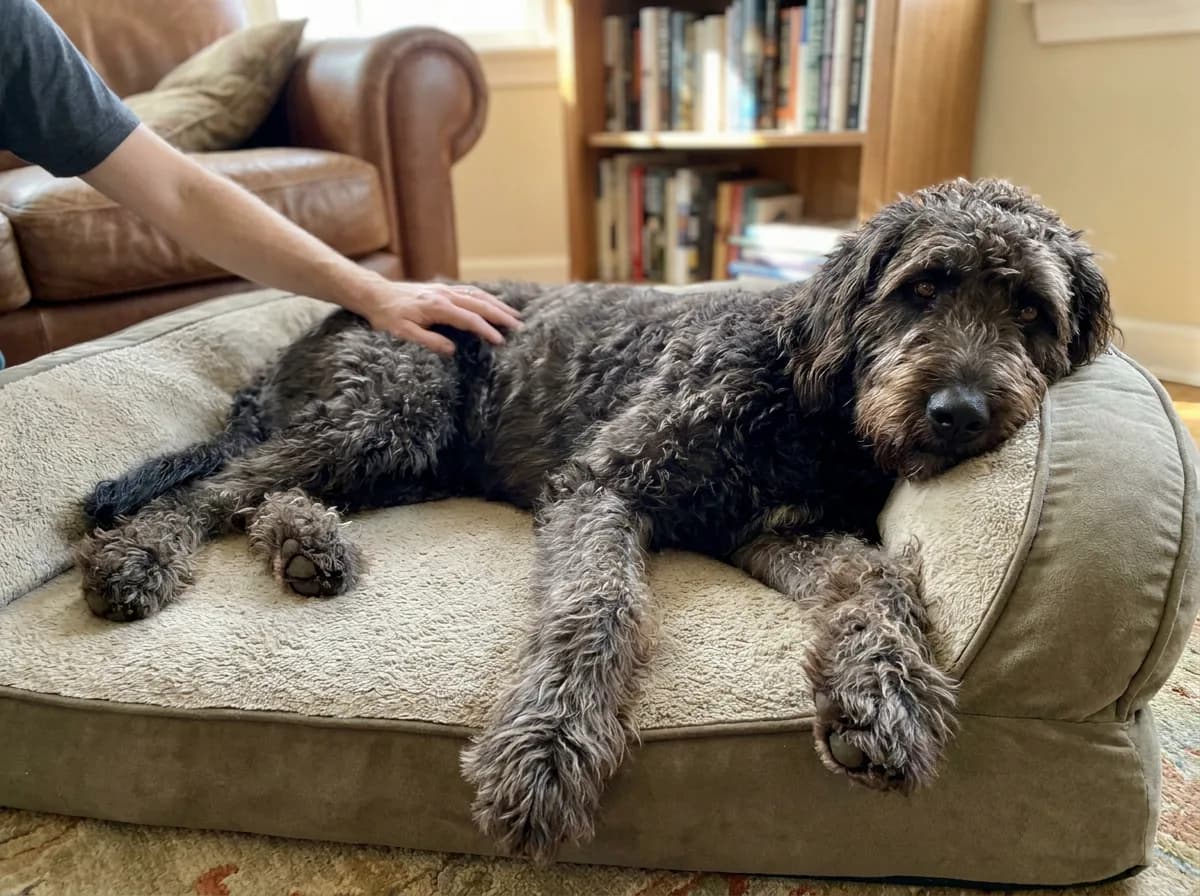 Large gray and black dog resting on a cushioned bed beside a chair.