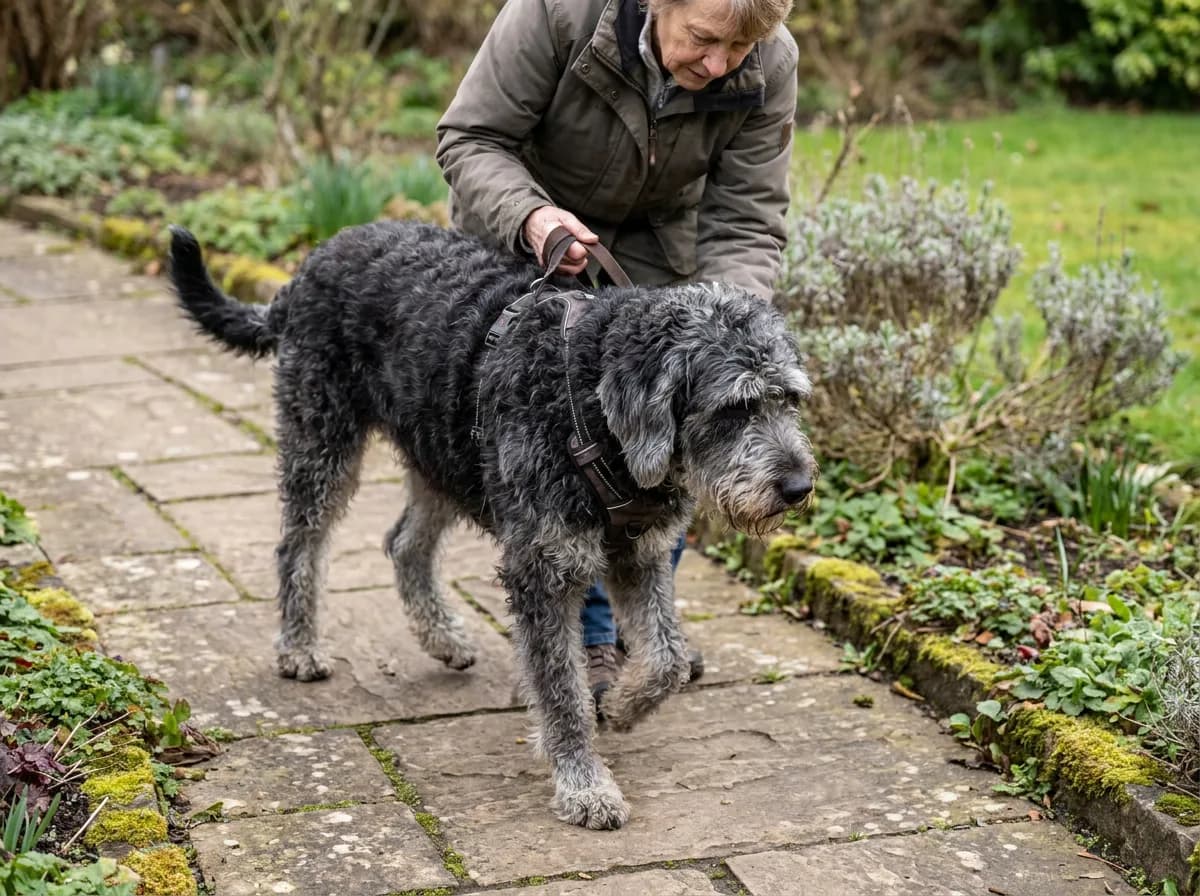 Adult holding a support harness on a large gray dog standing on a garden path.