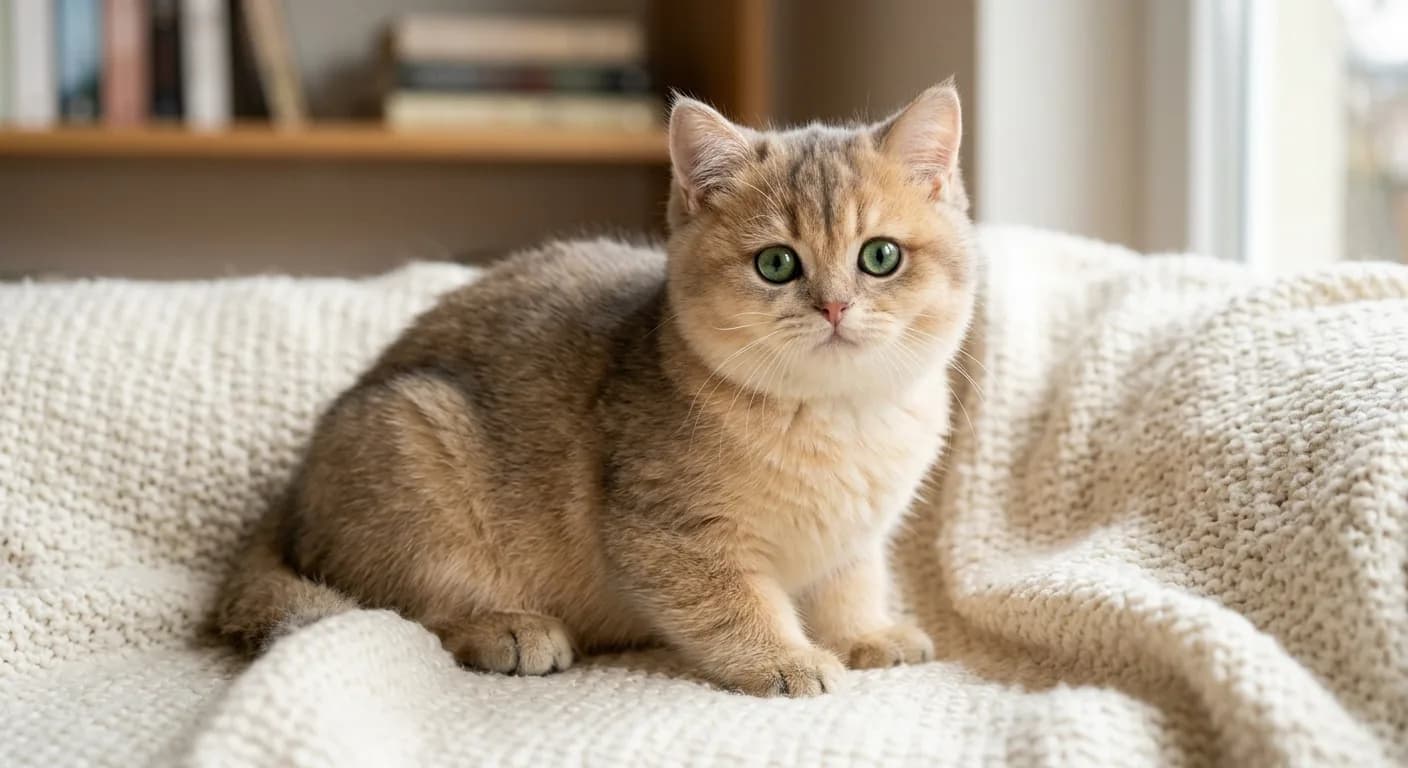 a blue golden British Shorthair kitten on a cream blanket, muted blue-grey tipping over a soft apricot base coat, round green eyes