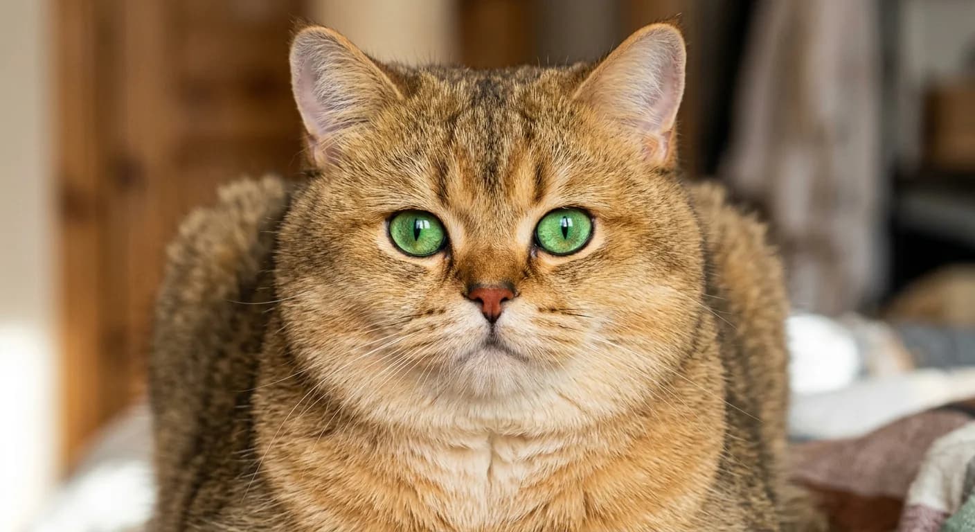 close-up of a golden British Shorthair face, vivid green eyes wide open, apricot and tipped fur framing the round face