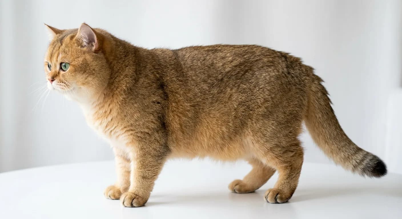 full-body profile of an adult golden British Shorthair on a white surface, showing the low-slung stocky cobby build, thick tail, and rounded ears