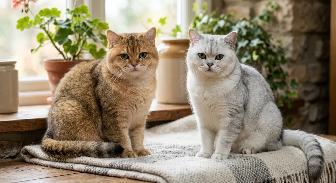 a golden British Shorthair and a silver British Shorthair sitting next to each other; the golden shows warm apricot undertones while the silver shows a bright white base with cool dark tipping