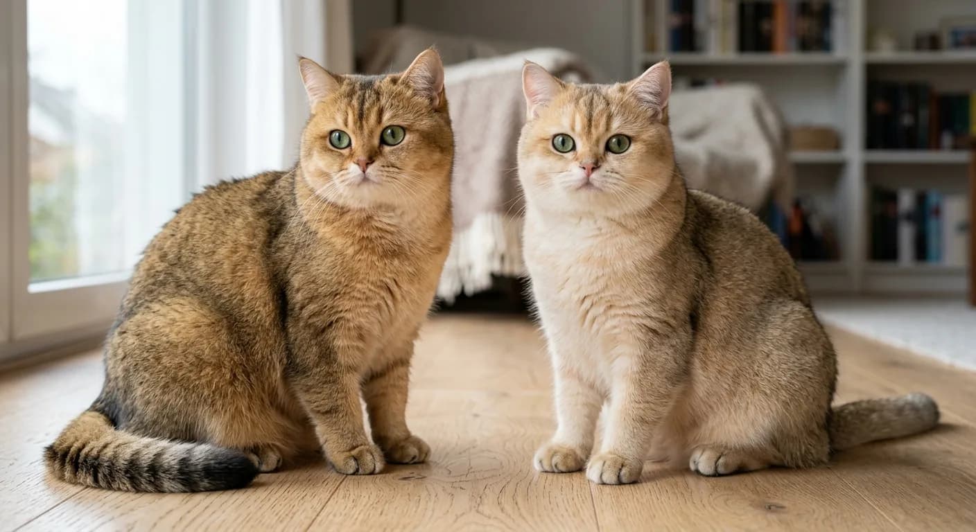 side-by-side comparison: a golden shaded British Shorthair (darker spine, rich gold) next to a golden chinchilla British Shorthair (lighter, sparkling tipped coat)