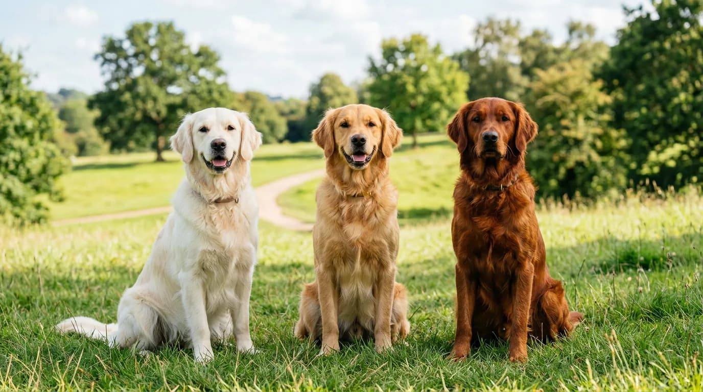 three golden retrievers sitting side by side in a grassy park, one pale cream, one classic mid-gold, one deep reddish-mahogany, showing the full coat 