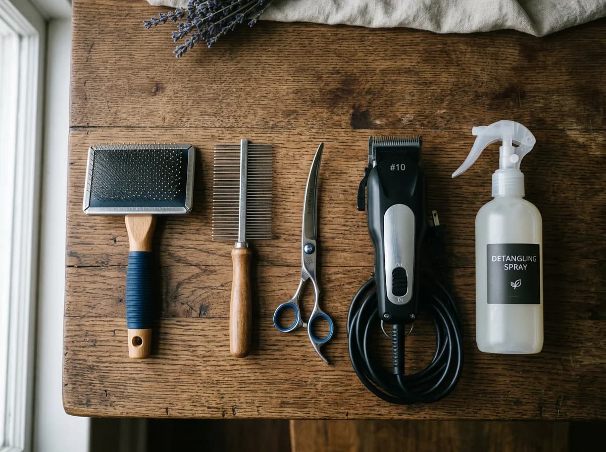 A flat-lay of Goldendoodle grooming tools on a wooden table: a slicker brush, a stainless steel comb, curved scissors, clippers, and a detangling spray bottle