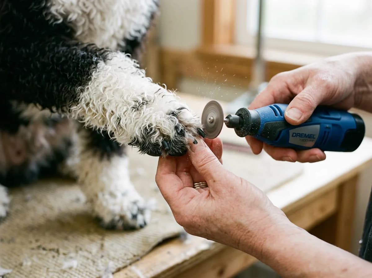 Close-up of a black-and-white parti Goldendoodle's front paw being held steady while a rotary nail grinder trims one nail, shallow depth of field