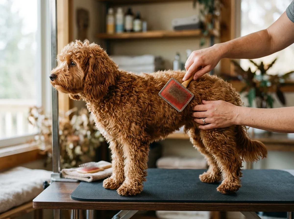 Owner's hands brushing a red mini Goldendoodle with a slicker brush on a grooming table, the dog looking relaxed in profile