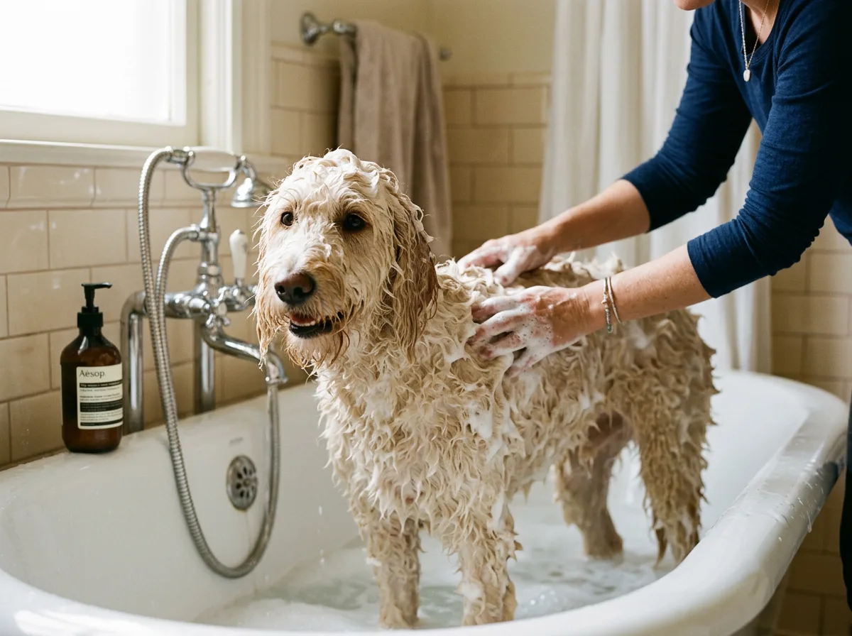 A cream wavy Goldendoodle standing in a bathtub, coat wet and soapy, being lathered by hands, warm bathroom lighting