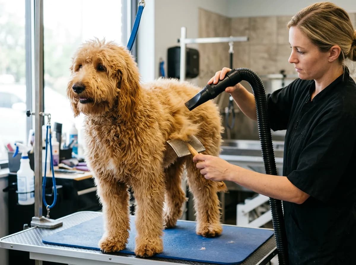 A Goldendoodle being fluff-dried at a grooming salon with a forced-air dryer, coat lifting and fluffing, groomer's hand holding a slicker brush