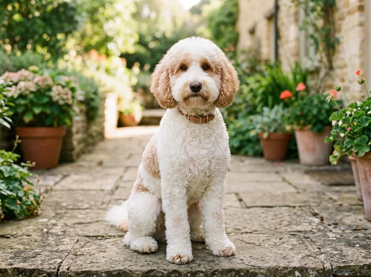 A parti-colored white and apricot Goldendoodle sitting on a patio with a classic rounded teddy bear cut and a full round face, front view