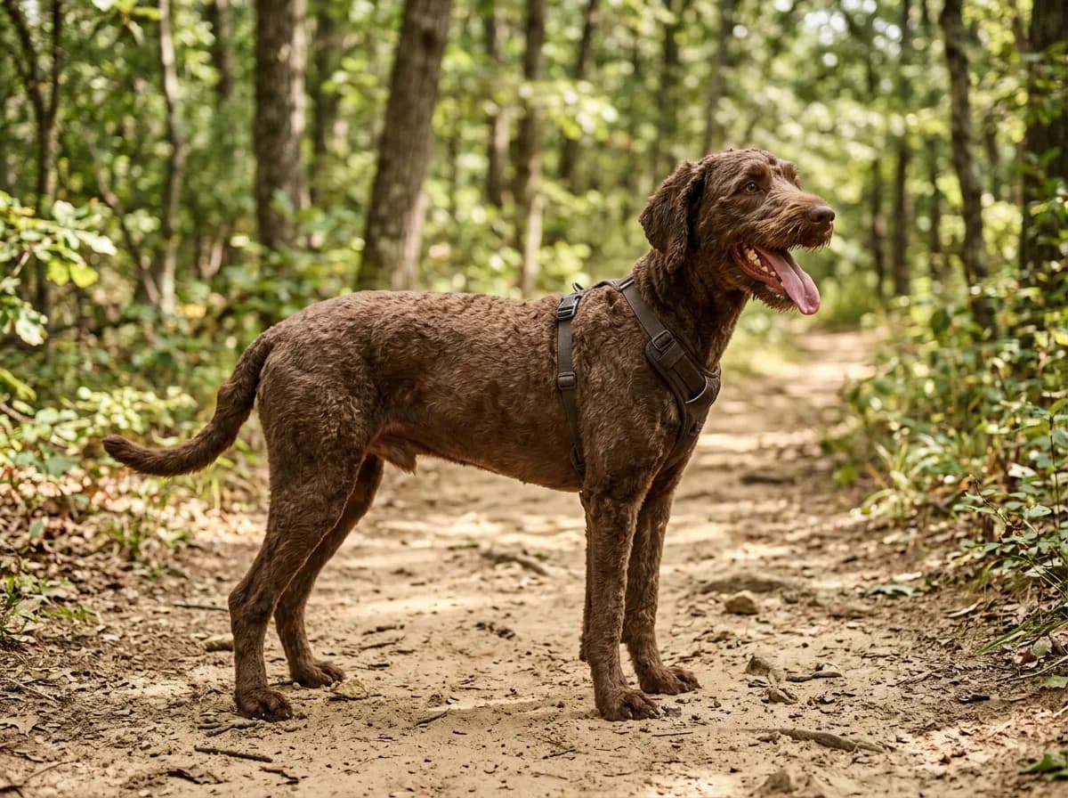 A chocolate-brown medium Goldendoodle with a very short kennel cut standing on a sandy summer trail, mouth open and panting happily, full body side view
