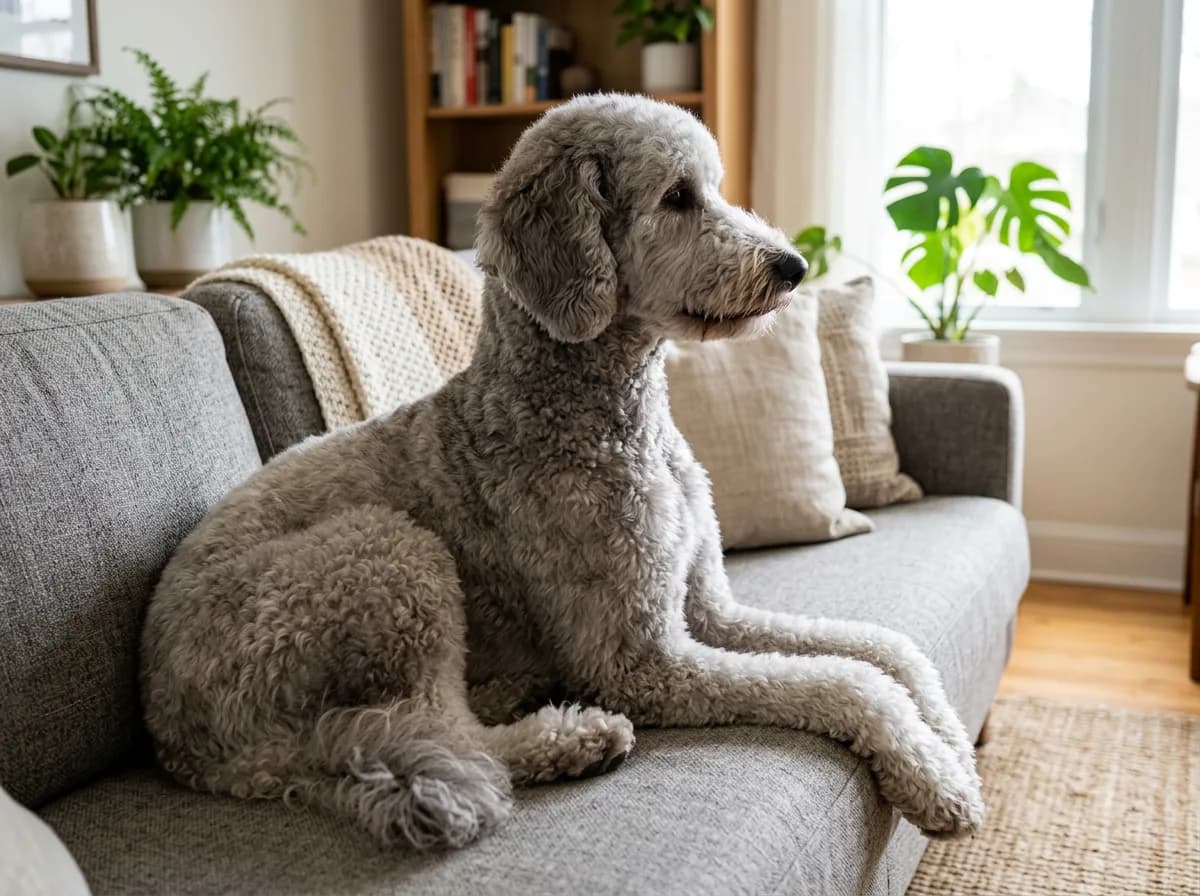 A silver standard Goldendoodle with a longer lamb cut sitting on a living-room couch, fuller leg hair and shorter body, side profile