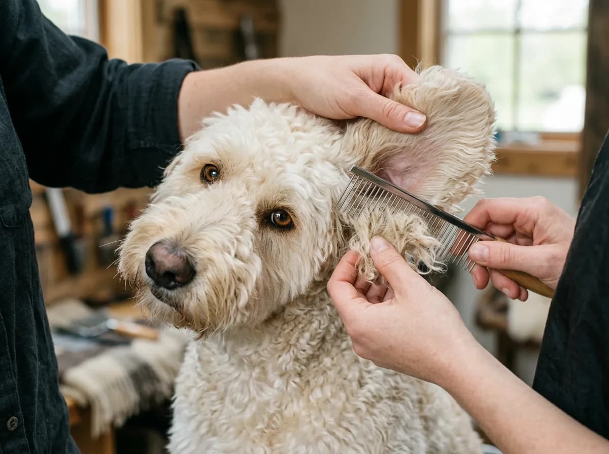 Close-up of a cream Goldendoodle's head tilted to the side as fingers and a metal comb gently separate a tangle of matted hair behind the floppy ear