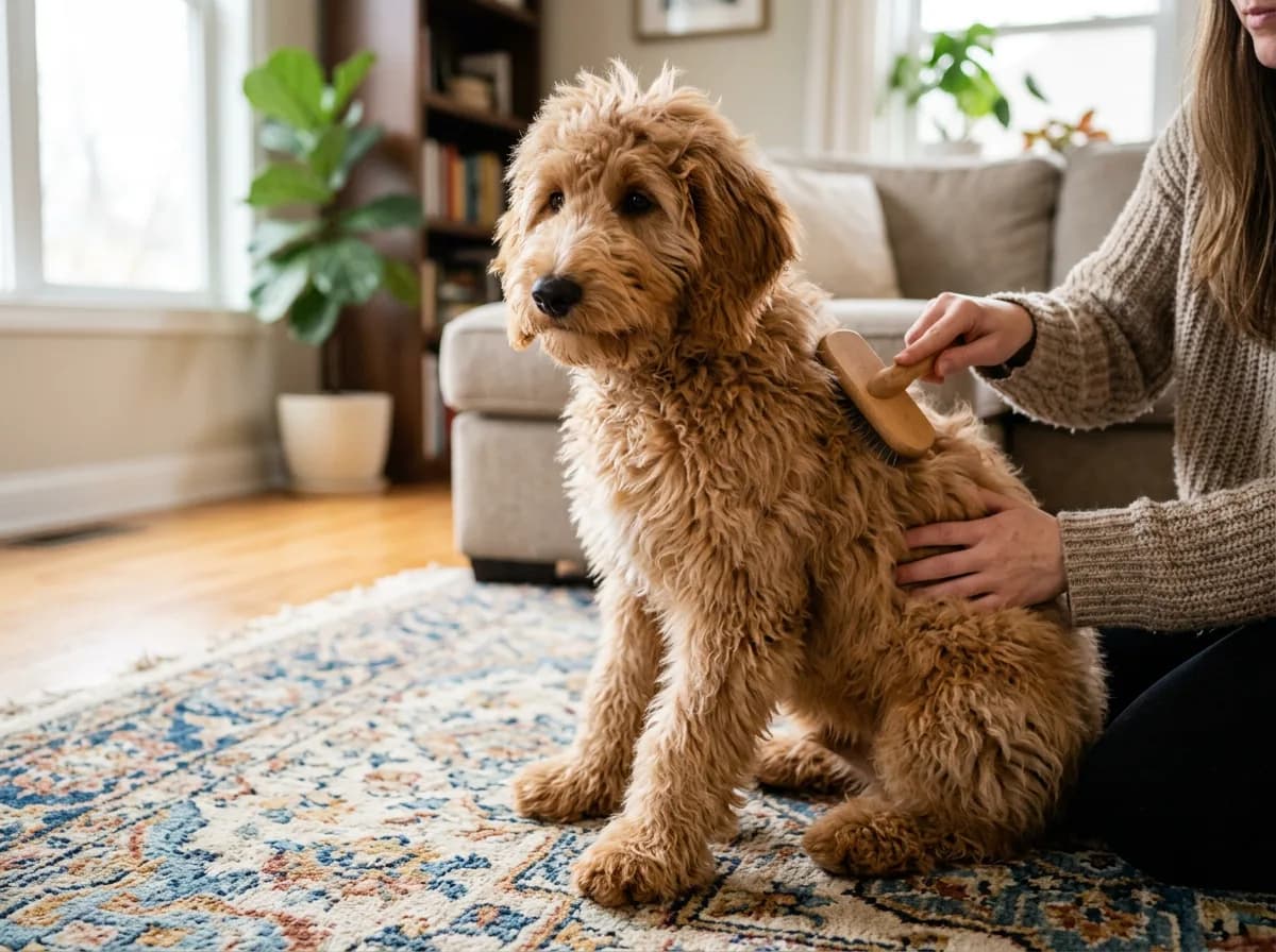 A fluffy apricot Goldendoodle puppy around eight months old mid coat-change, sitting on a rug being brushed, soft uneven coat with visible fluff, front three-quarter view