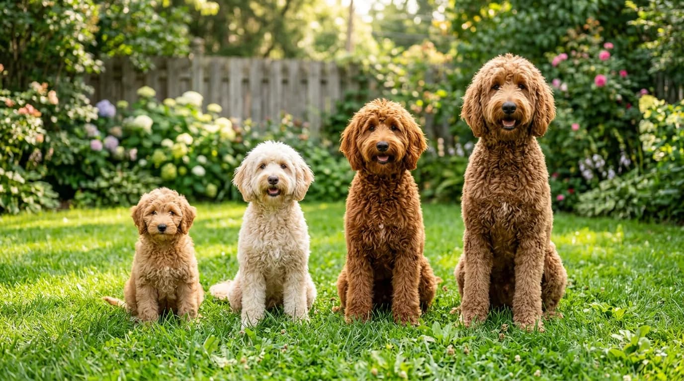 Four Goldendoodles of clearly different sizes (a small apricot petite, a cream mini, a red medium, and a large dark-golden standard) sitting in a row on green grass in a sunny backyard, showing the dramatic size contrast between them