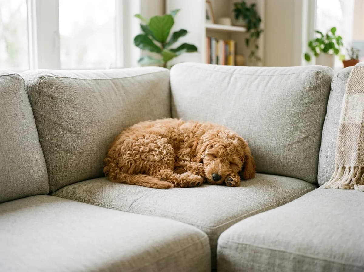 A small apricot mini Goldendoodle with a soft curly coat curled up on a light-gray fabric sofa in a bright living room, photographed at eye level to show its compact size against the cushions