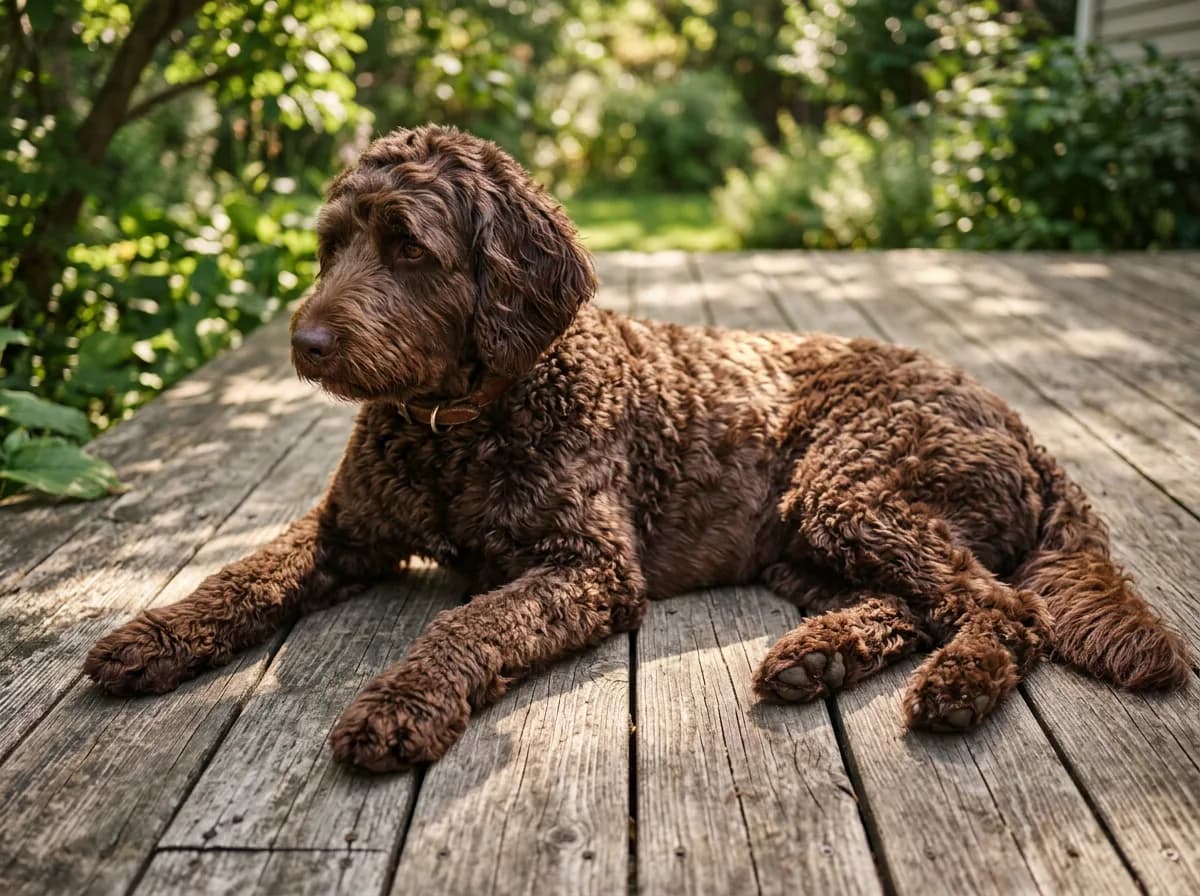 A chocolate-brown medium Goldendoodle with a wavy coat lying relaxed on a weathered wooden deck in dappled afternoon light, shot from a three-quarter front angle so its medium build and long legs are visible