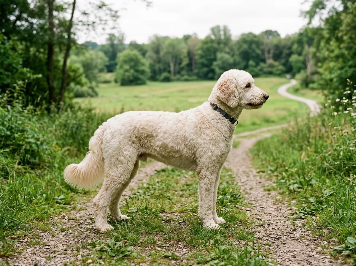 A large cream-colored standard Goldendoodle with a fluffy wavy coat standing in full side profile on a grassy park path, framed against open green space to emphasize its tall, athletic frame