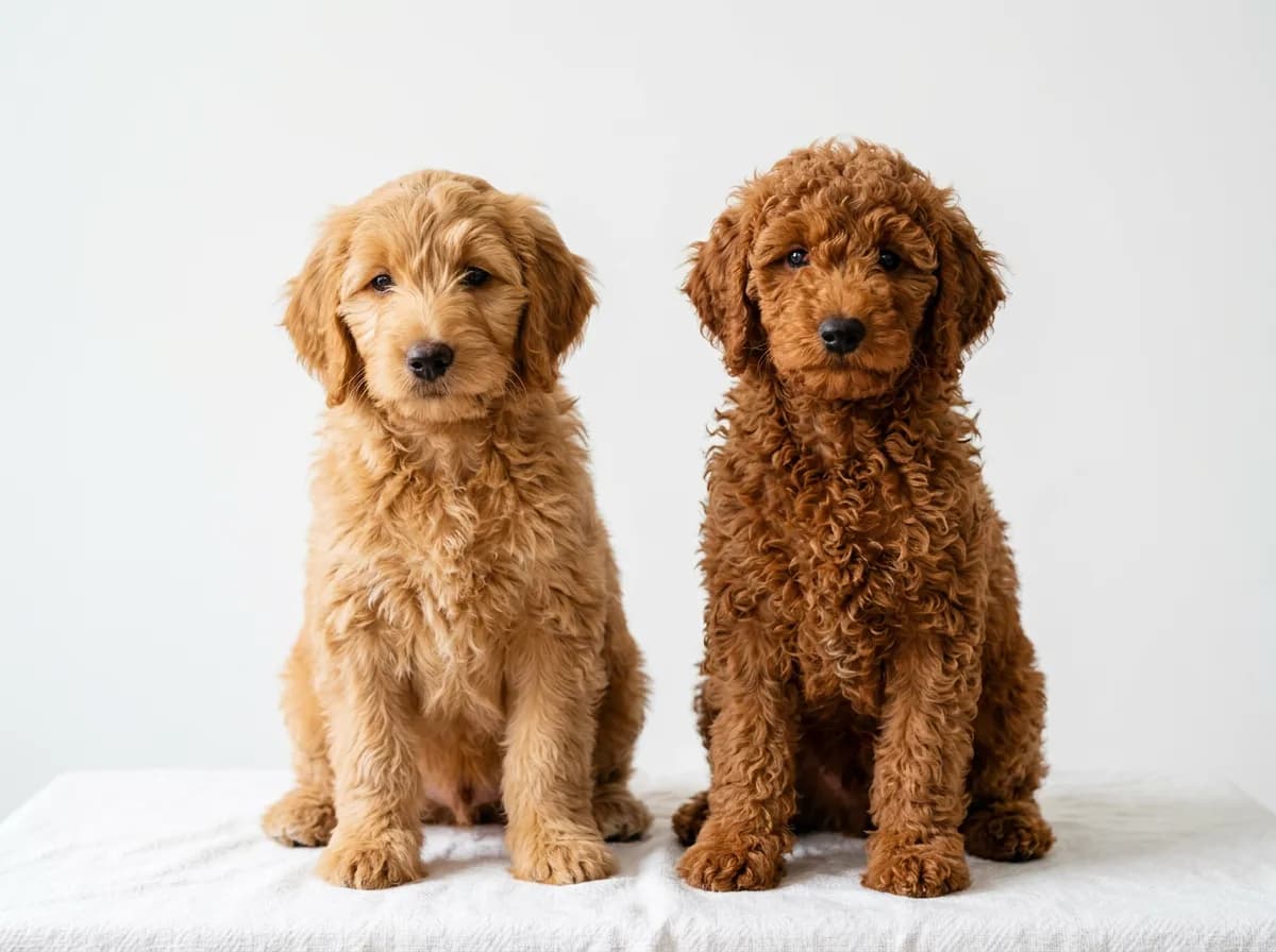 Two Goldendoodle puppies sitting side by side on a plain white studio backdrop, the left one an F1 with a flat golden wavy coat and the right one an F1b with a tight curly red coat, positioned to contrast their coat textures