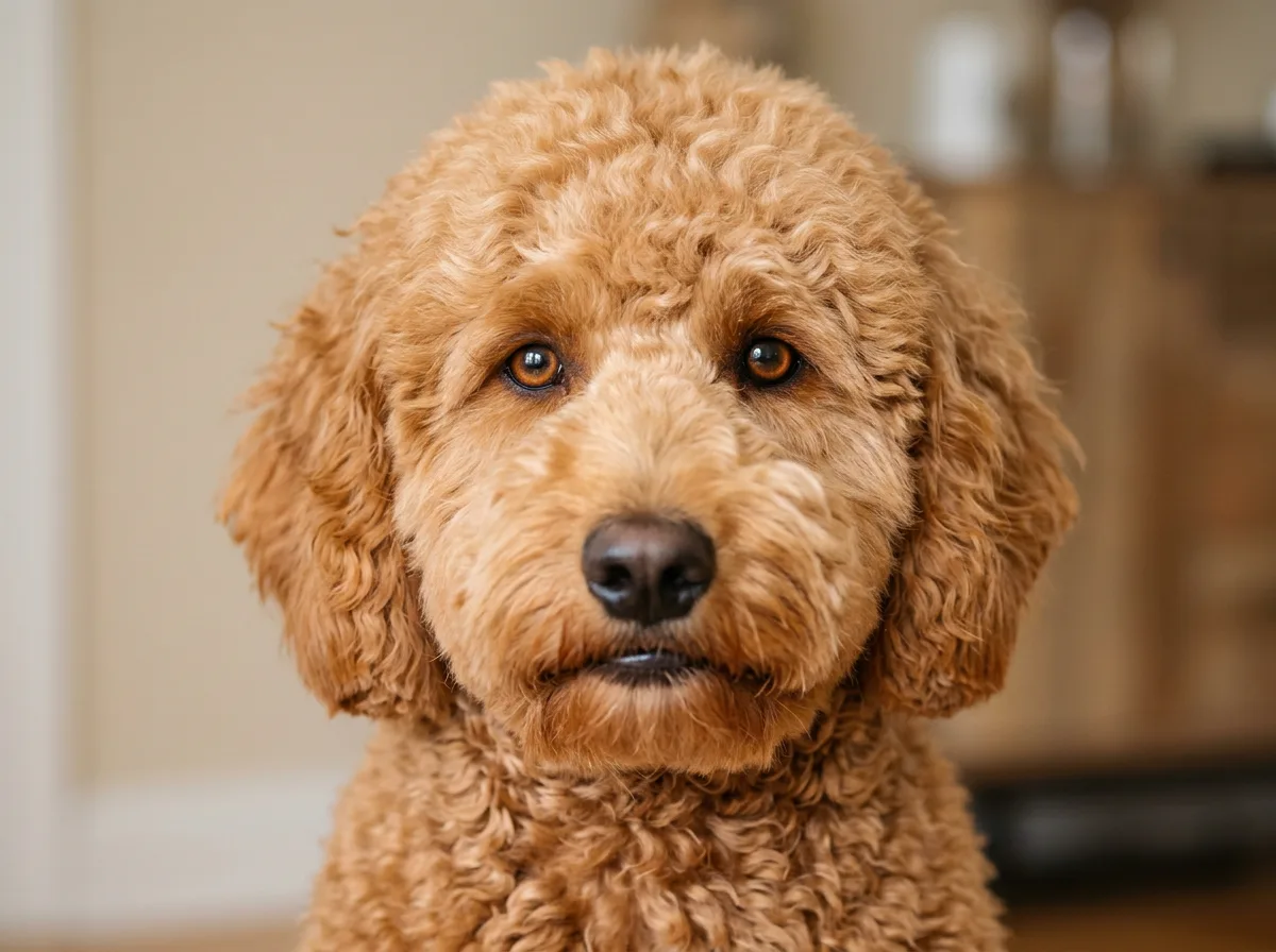 Close-up front-facing portrait of a red apricot Goldendoodle groomed in the teddy bear clip, with a rounded fluffy face, dark round eyes, and an even plush coat, filling the frame against a soft neutral background