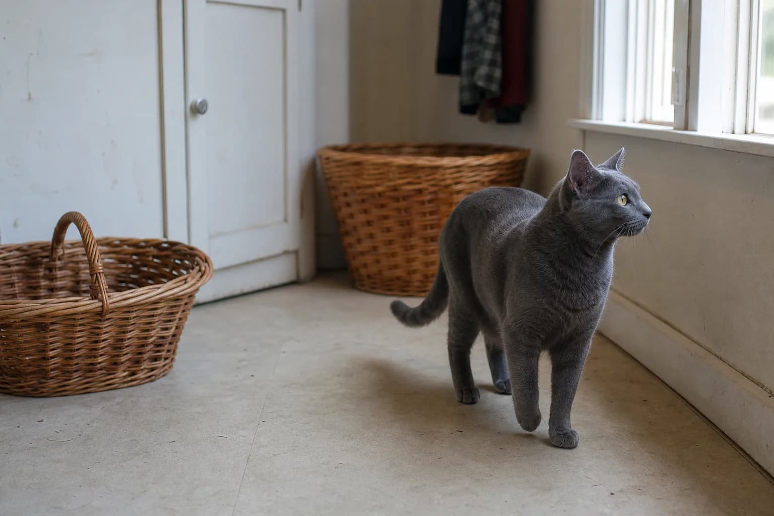 Solid blue-gray shorthair cat walking through a daylight laundry room beside empty wicker baskets