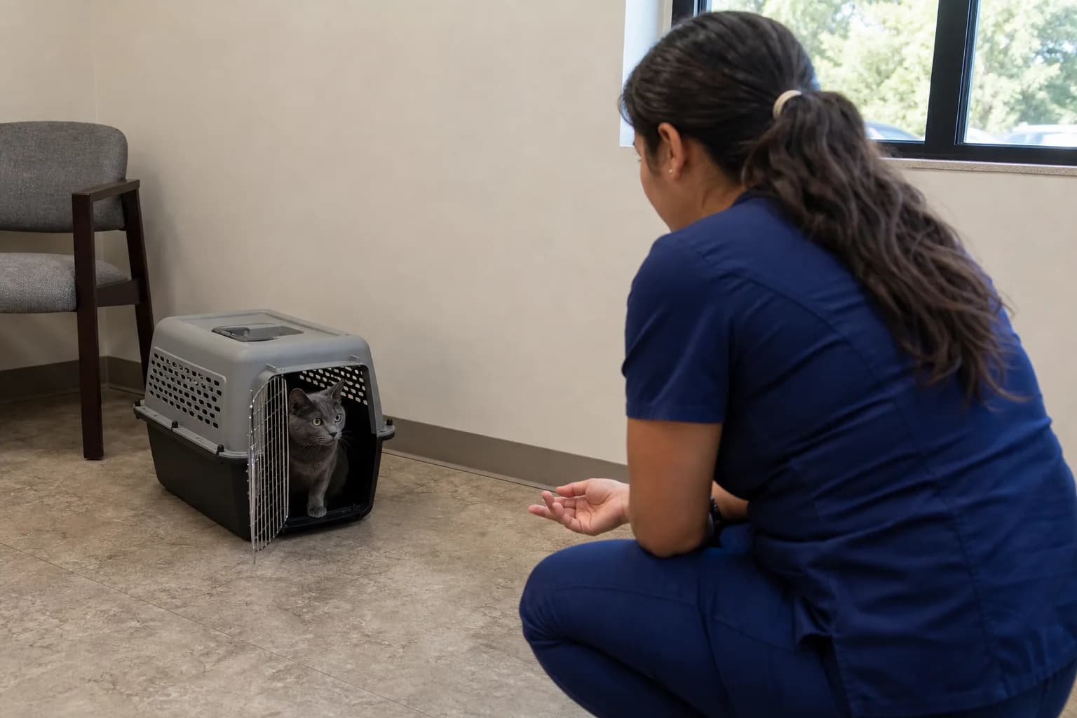 Blue-gray cat turning toward a veterinary technician while remaining inside an open carrier