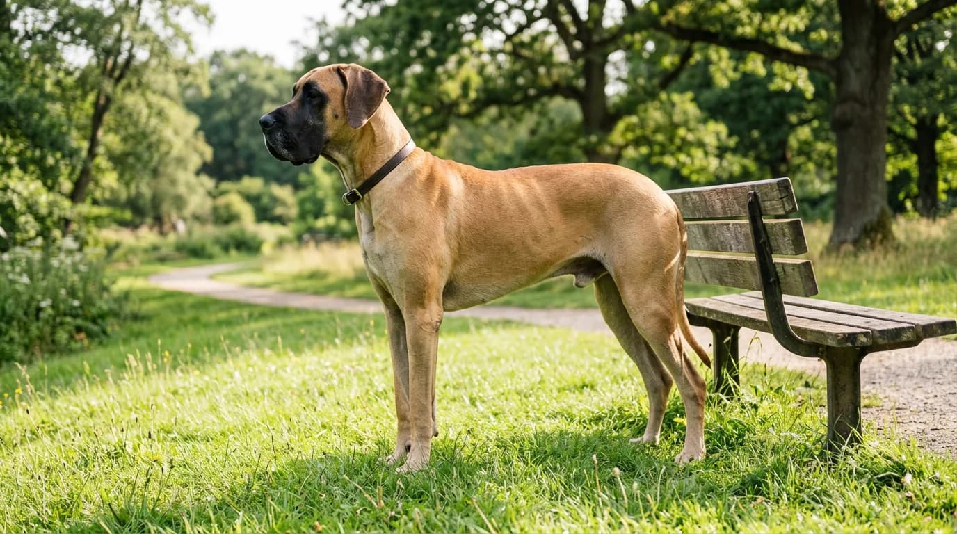 A fawn Great Dane with a black mask standing full-body in profile on a sunlit park lawn, its shoulder reaching the top of a wooden park bench for dramatic scale