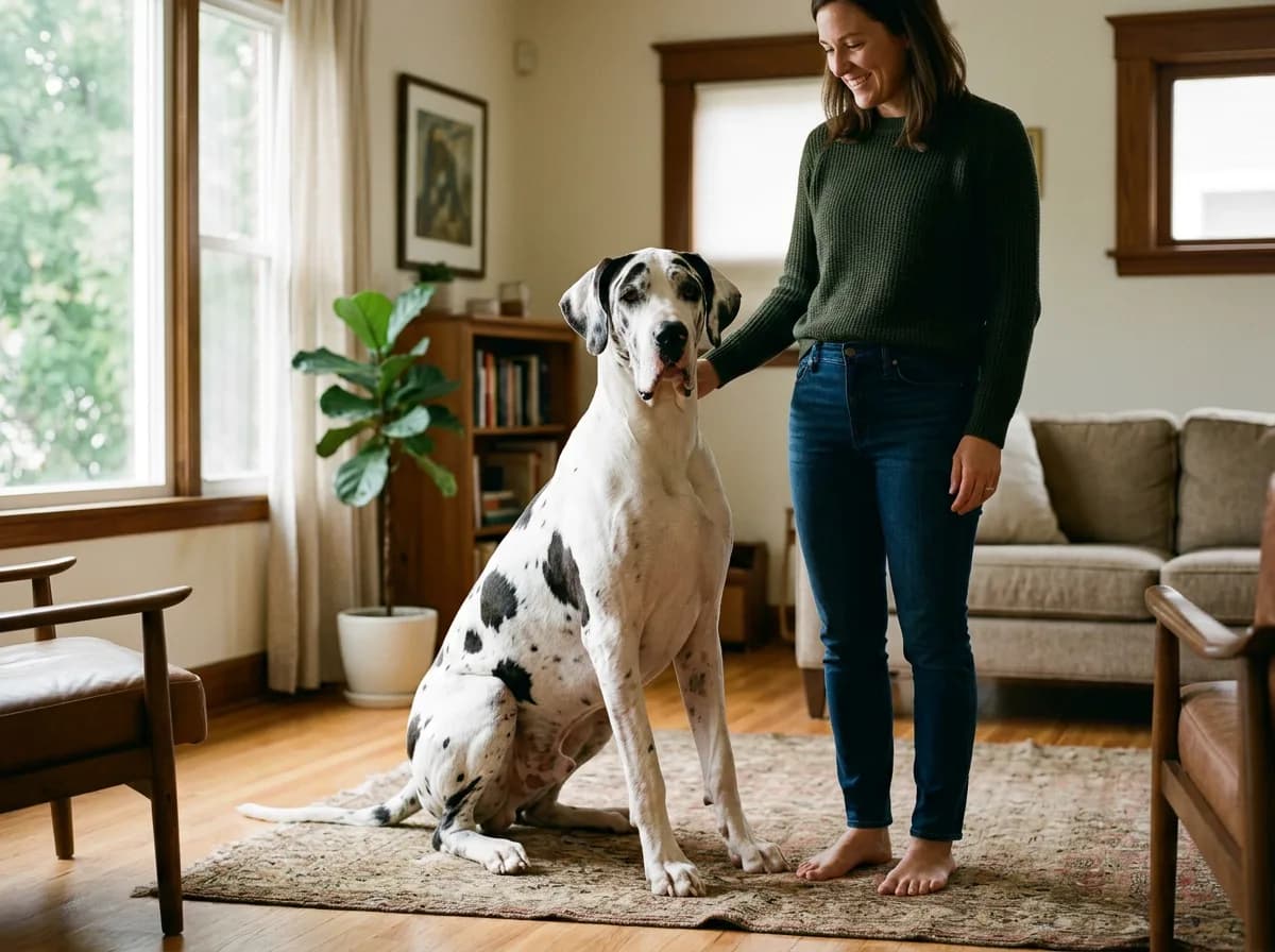 A harlequin Great Dane (white coat with torn black patches) sitting upright on a living-room rug beside a standing adult, the dog's head level with the person's waist to show scale